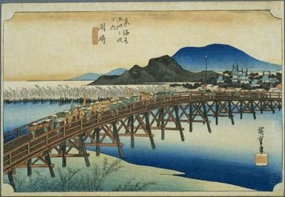 浮世絵に描かれた橋と富士山