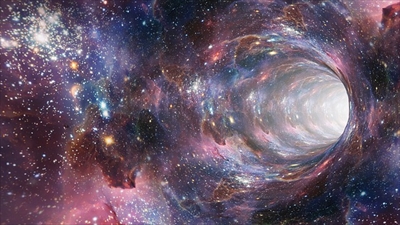 宇宙空間に広がる銀河と光のトンネル