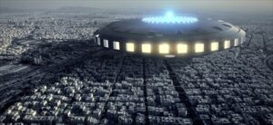 夜景の上空に浮かぶ円盤