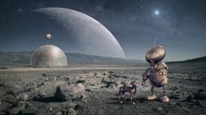 惑星の見える荒野にたたずむ人影